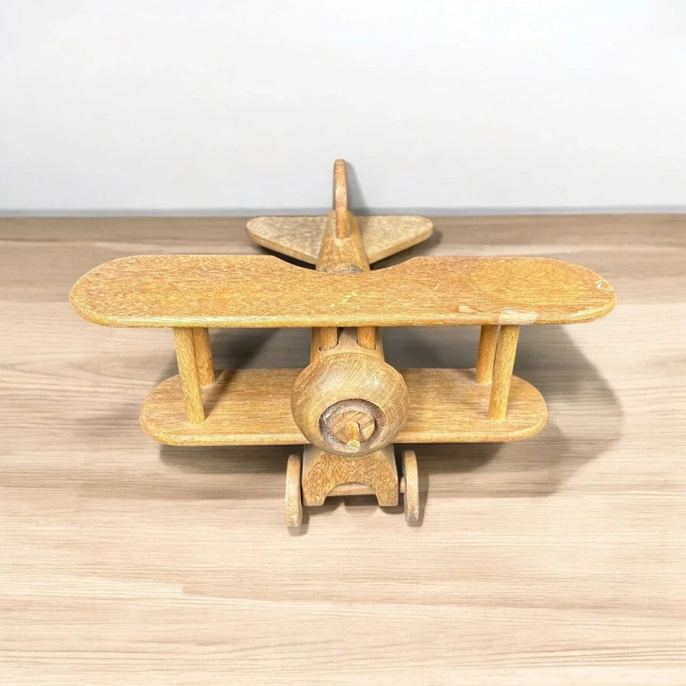 Handmade Wooden Bi-Plane Airplane Hardwood‎ Medium Stain Vintage